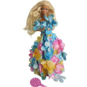 Vintage Blossom Beauty Barbie Doll With Blonde Hair Floral Dress Purse Brush